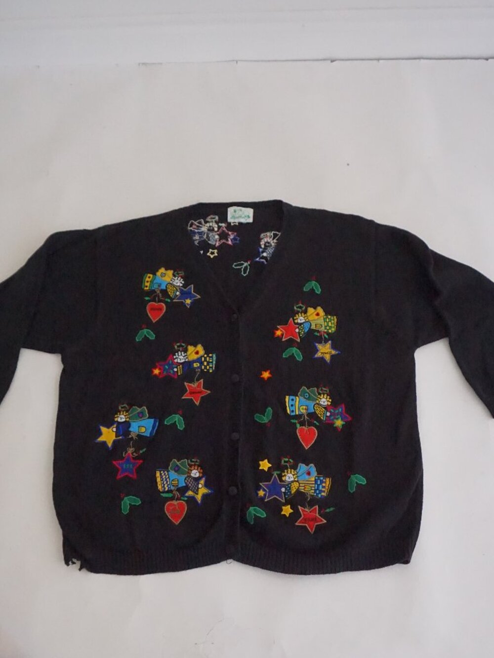 Vintage Quacker Factory Black Angels Stars Hearts Holly Christmas Cardigan 2X